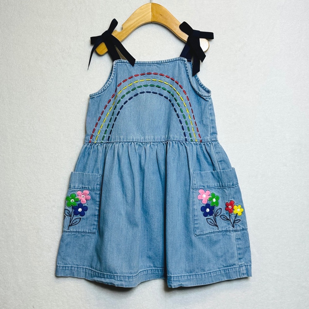 Hanna Andersson Jumper Dress Girls Size 5 Blue Denim Rainbow Floral Tie Shoulder